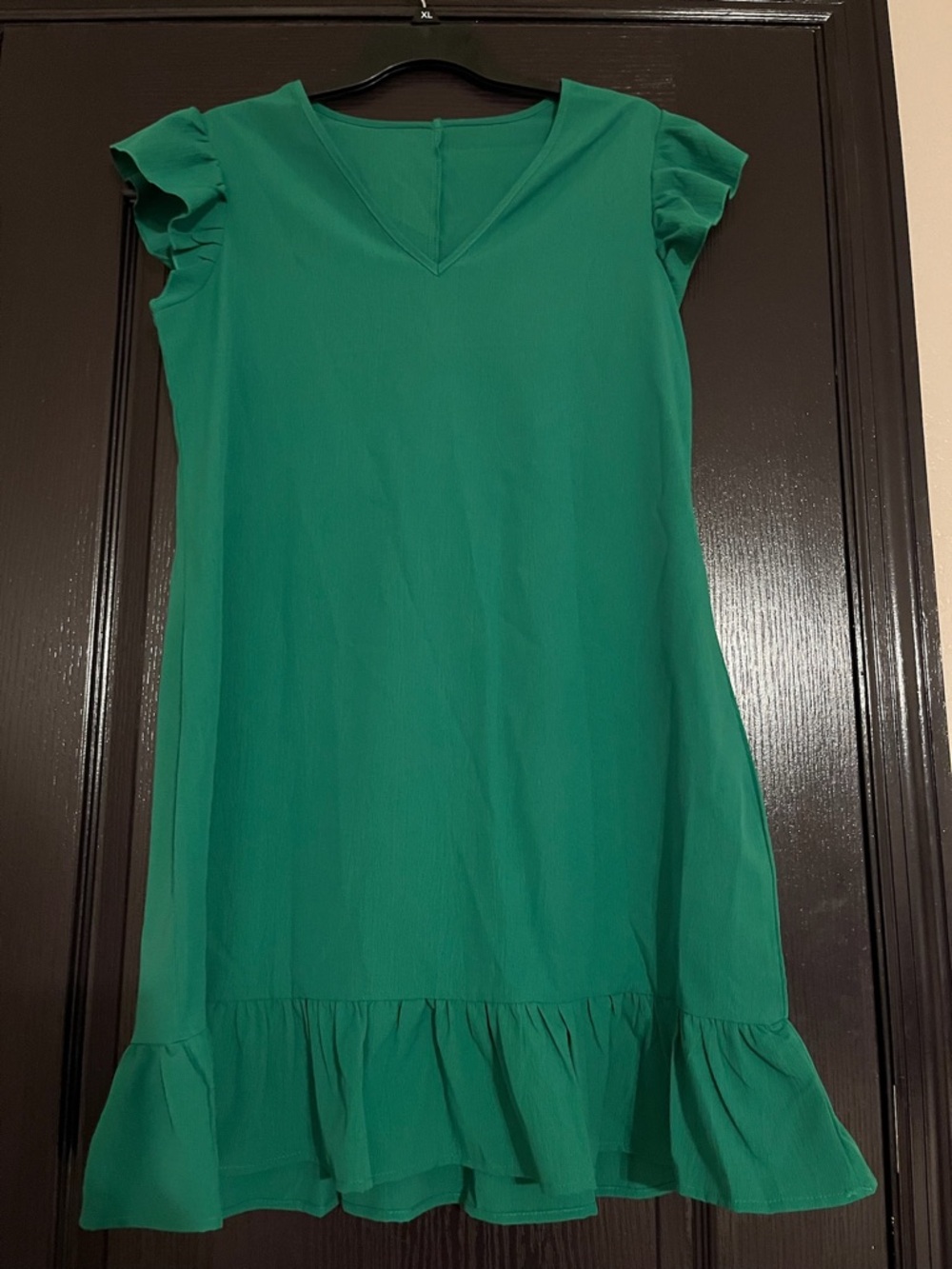 Green Ruffle-Hem V-Neck Dress